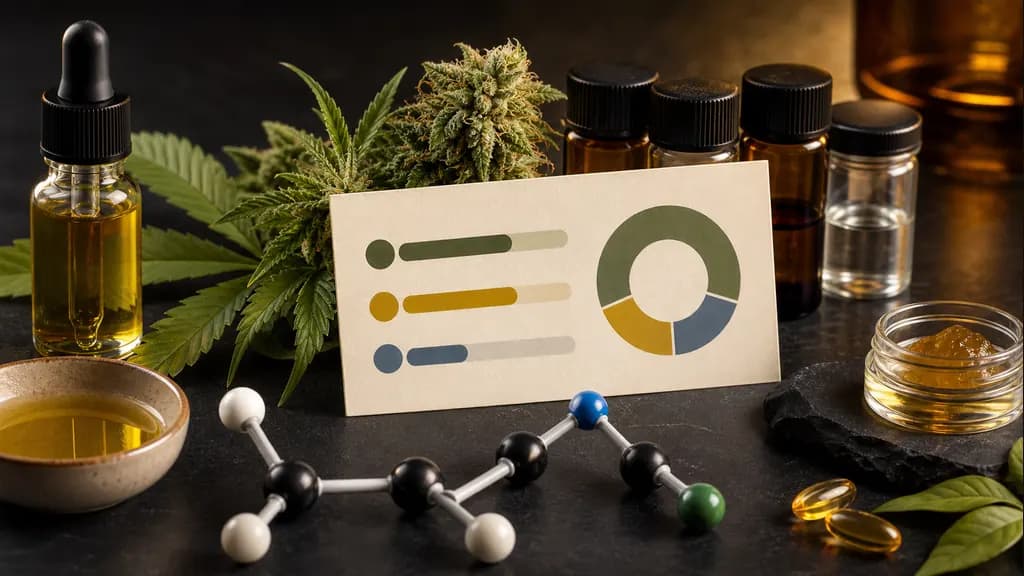 Cannabinoid education still life with vials, ratio cards, and molecule models.