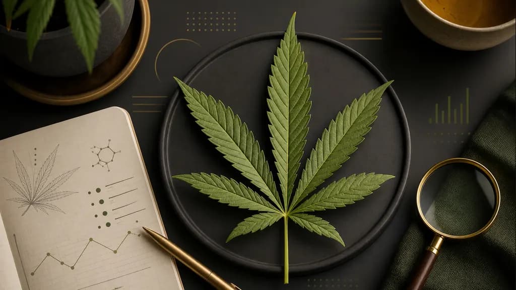 Cannabis education still life with a leaf specimen, journal, and magnifying glass.