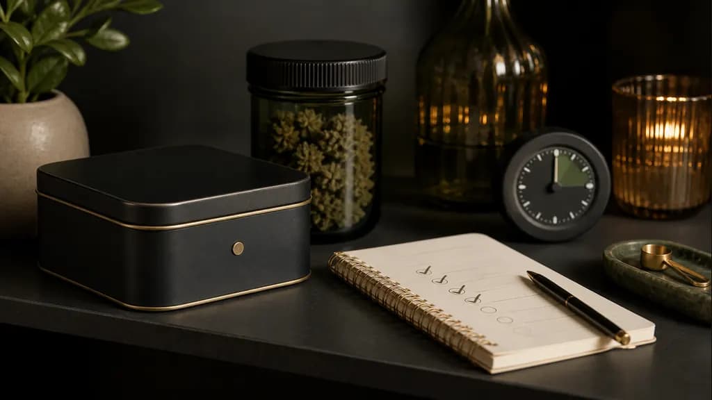 Responsible storage still life with a secure tin, timer, jar, and notebook.